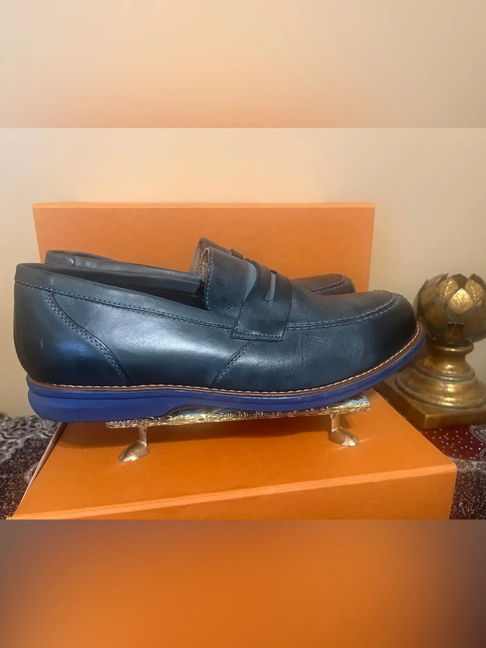 SANDRO MOSCOLONI Romero Mocc Toe Penny Slipon Sidney Black Leather - Size 11D